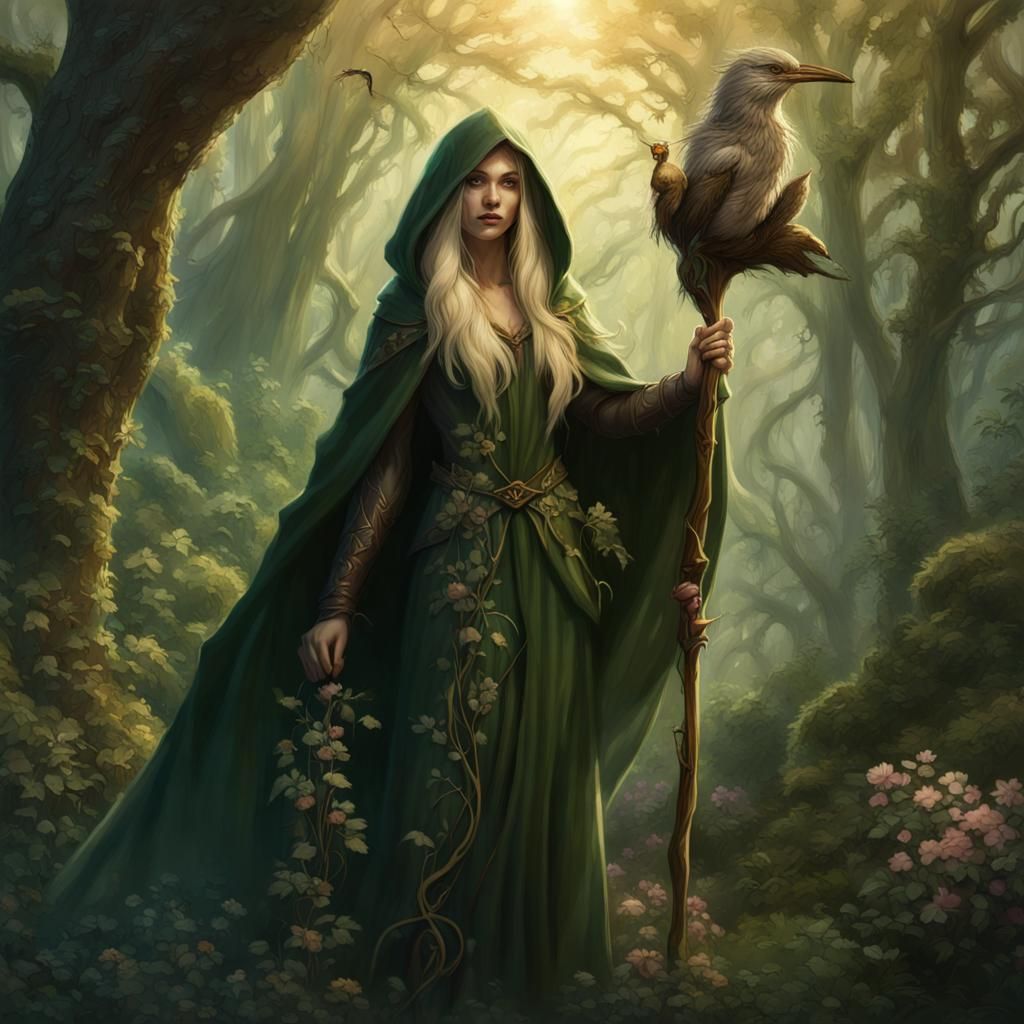 Elven Druid in Forest: Detailed Matte Painting