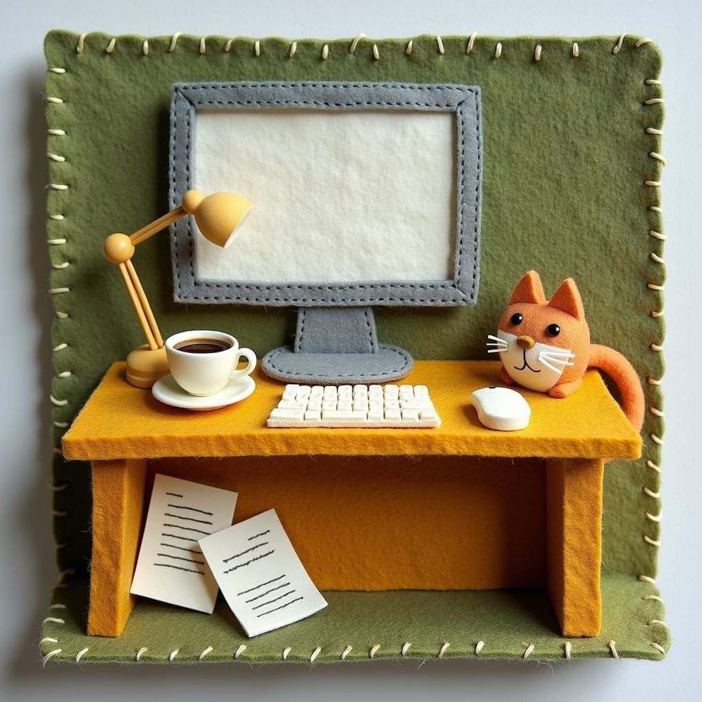 Felt Book Page: Cat Programmer's Desk in Storybook Style