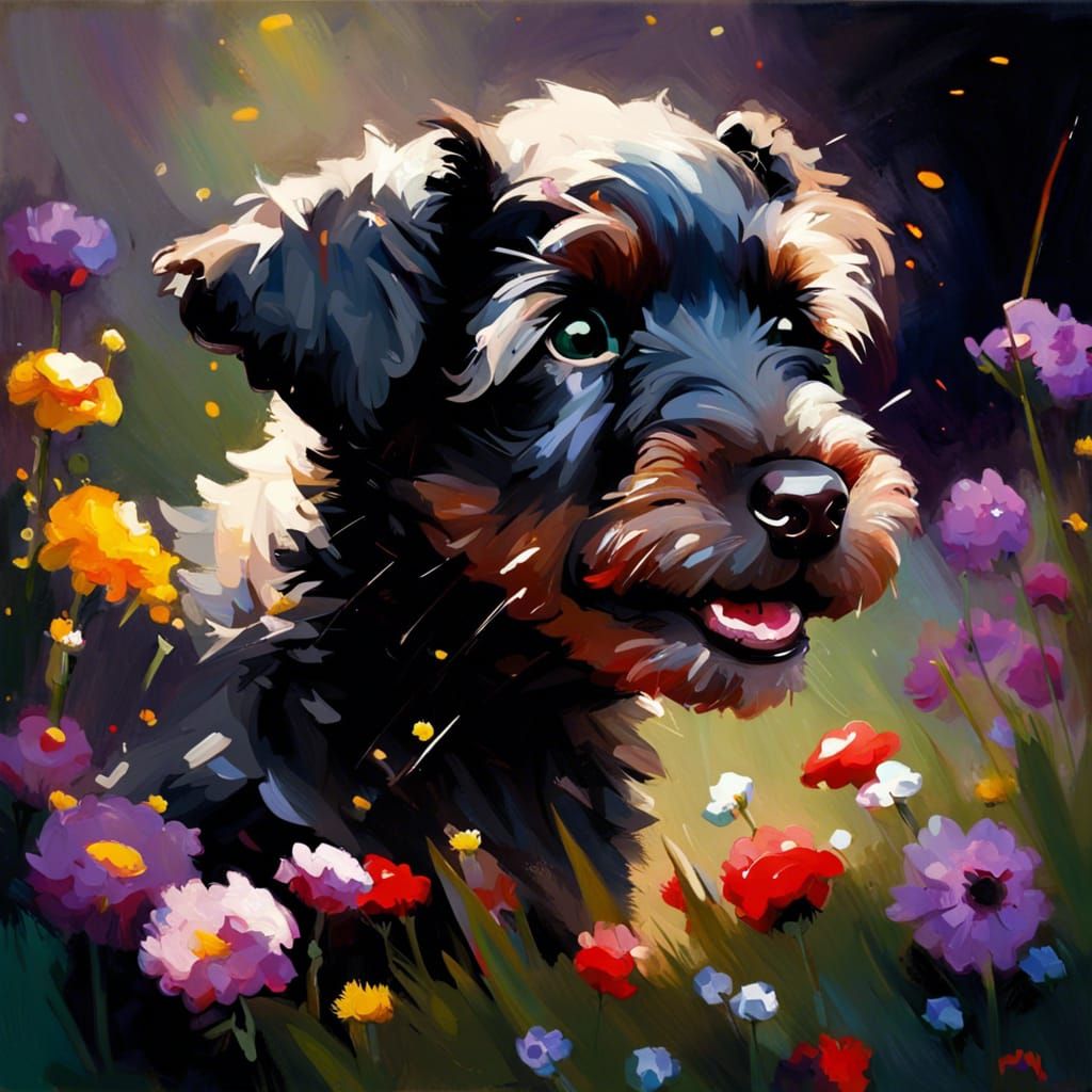 Happy Terrier Puppy with Flower, Oil Painting Style