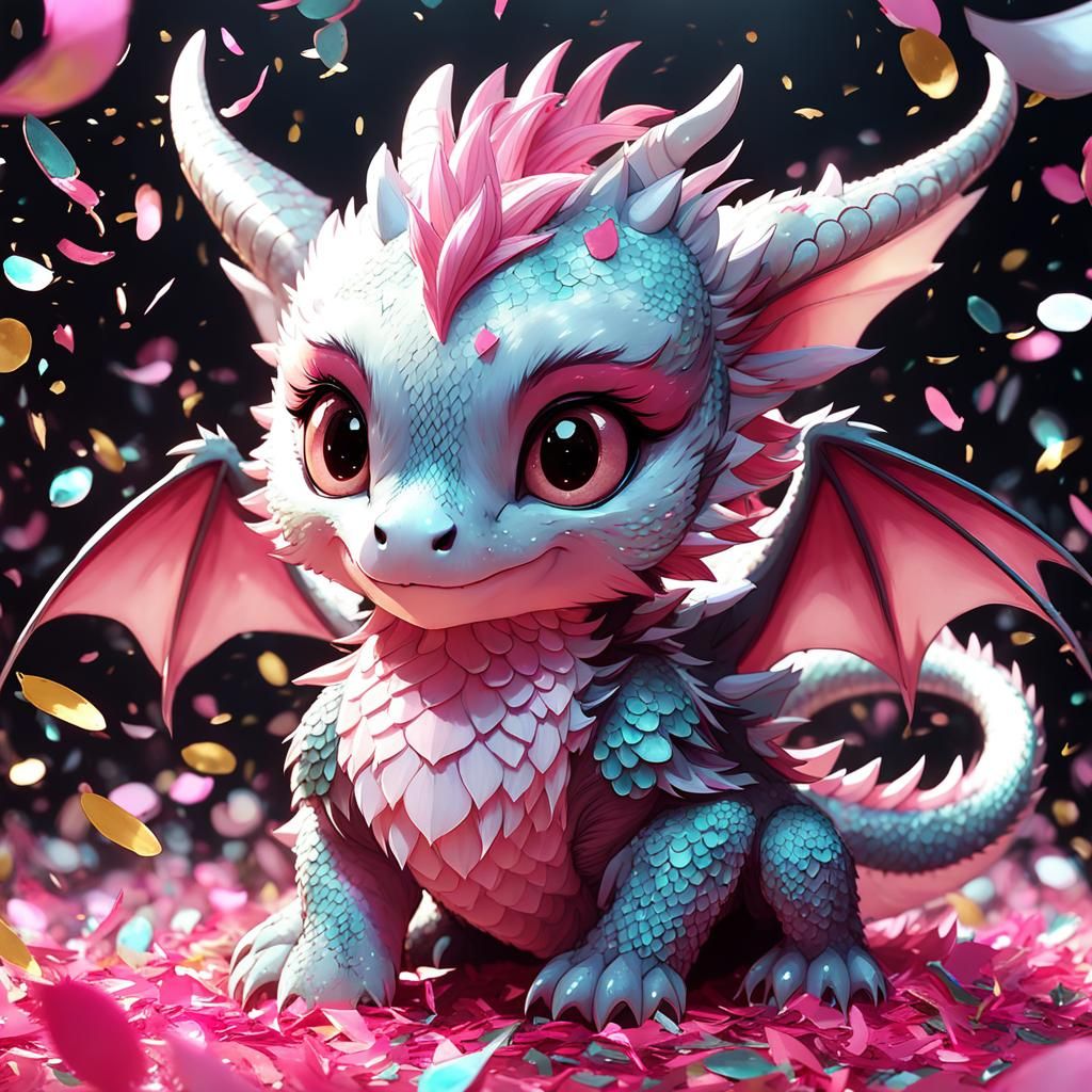 Pink Dragon Chibi Party: Detailed Digital Art