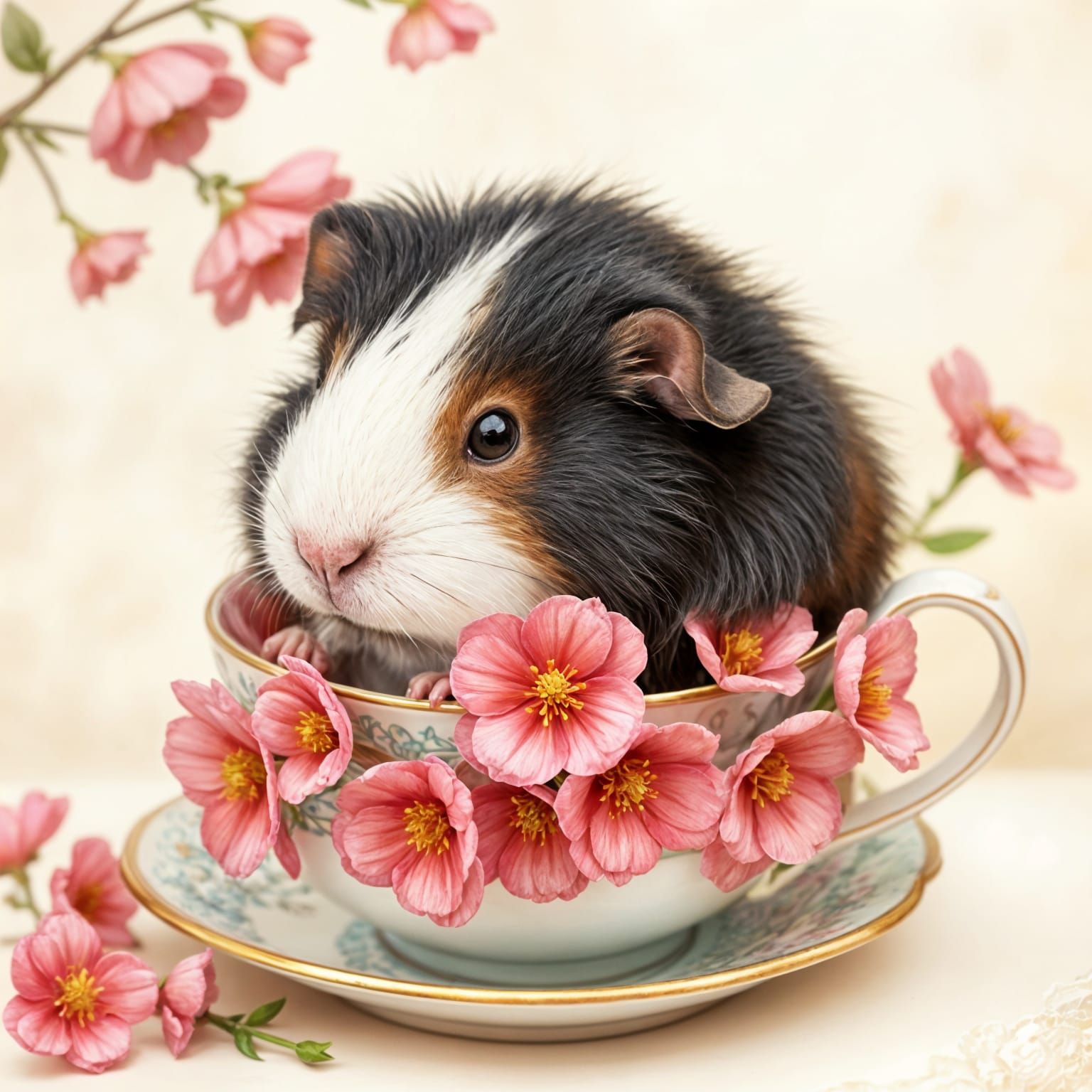 Whimsical Guinea Pig in Antique Teacup