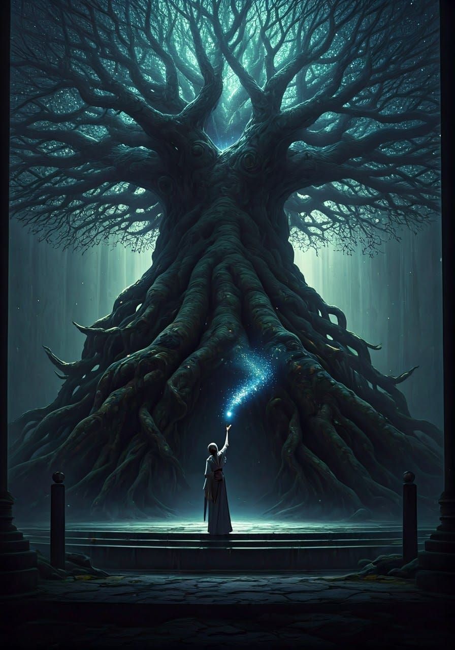 Fantasy Shrine Maiden Catches Star Dust in Ancient Magic Tre...