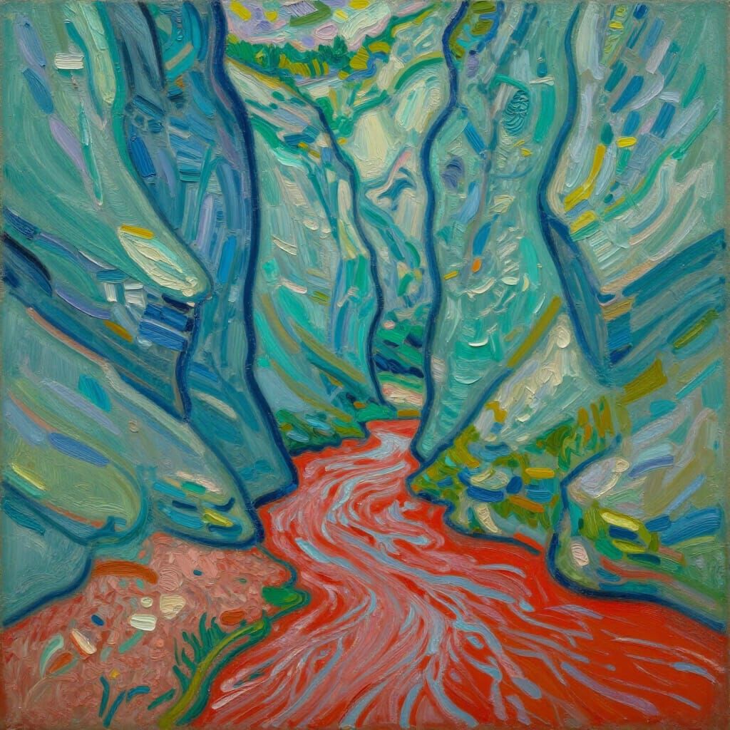 Turquoise Canyon With Red River Impasto Painting