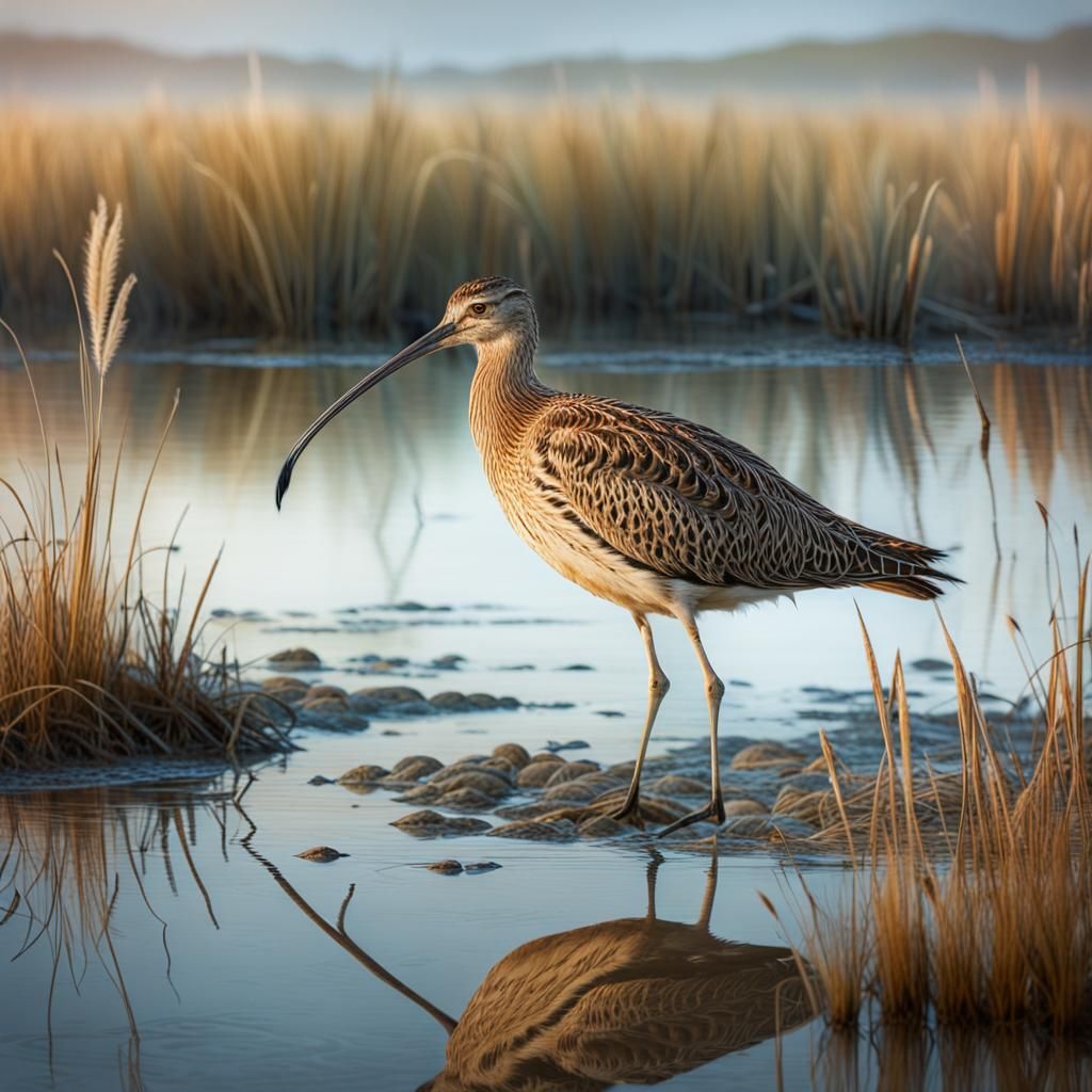 Long-billed Curlew in Coastal Wetland: Matte Painting