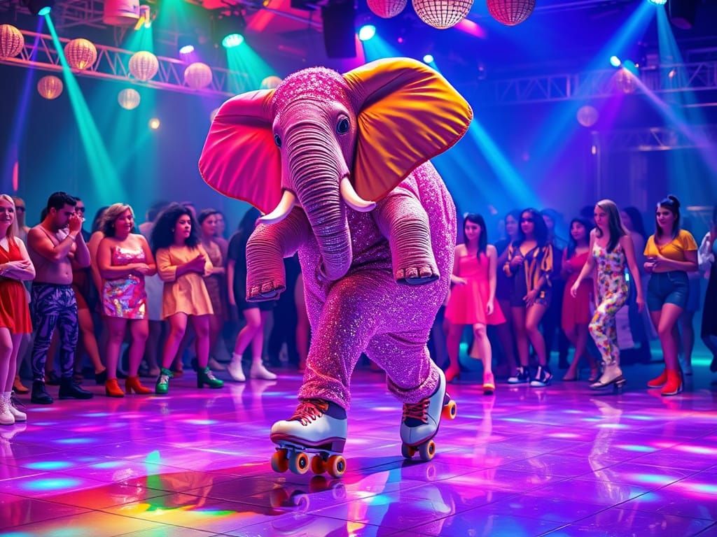 Elephant Disco Roller Skating in Neon Style