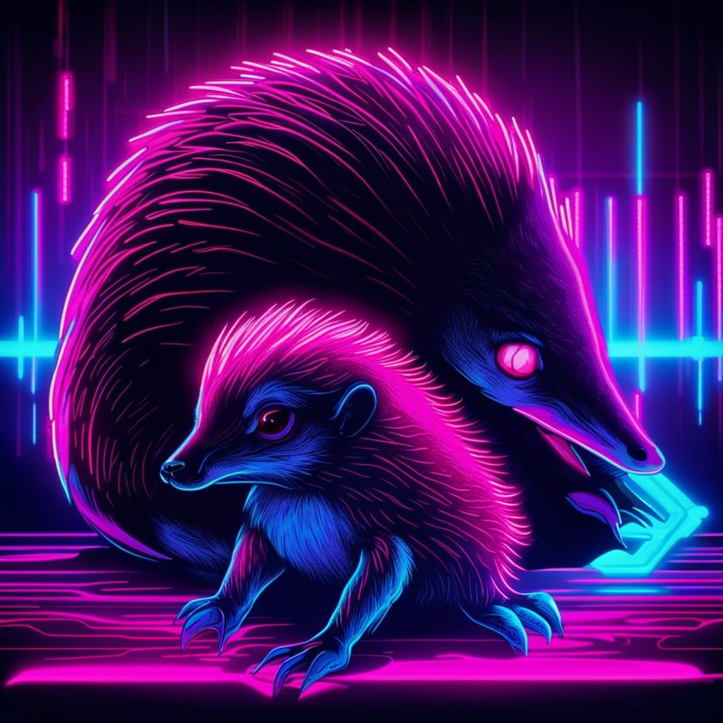 Echidna and Puggle Baby in Synthwave Neon