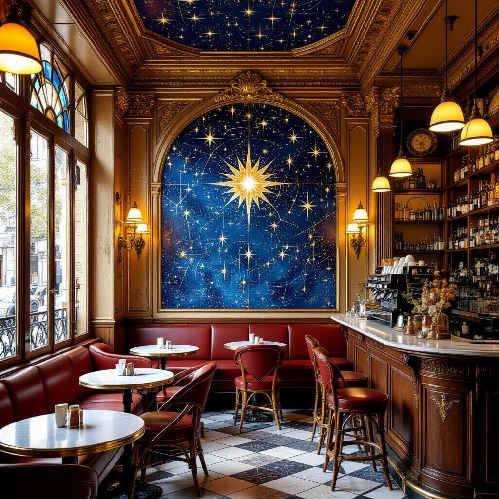 Cozy Parisian Cafe with Celestial Art Nouveau and Fantasy Ac...