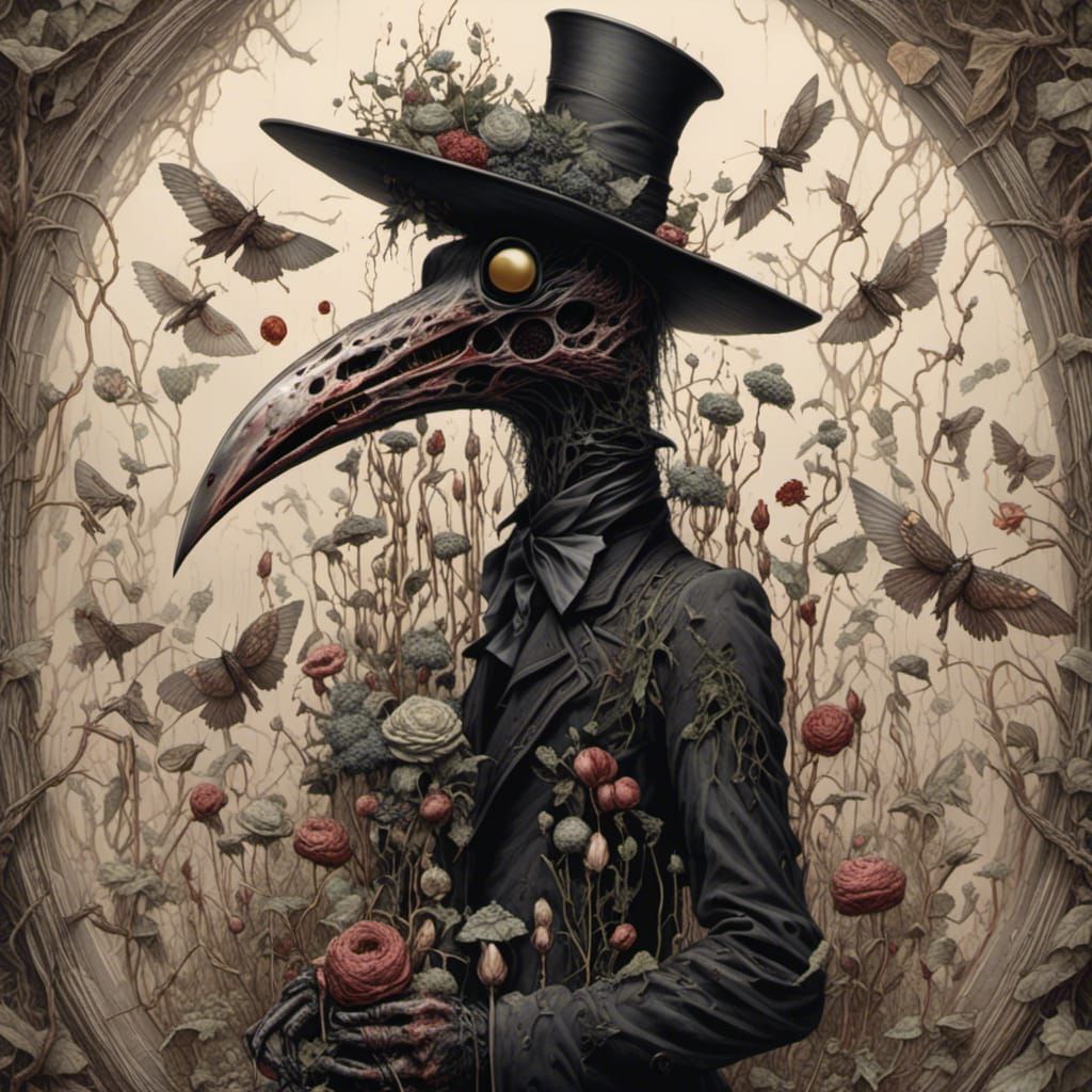 Plague Doctor in Botanical Ink Drawing Style