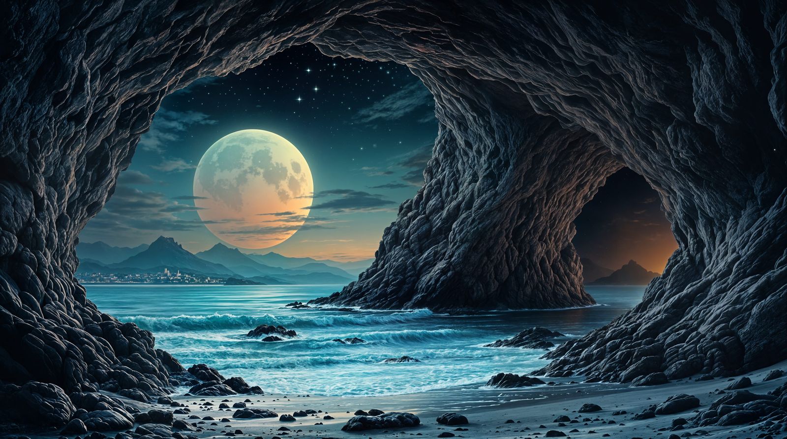 Surreal Seaside Cove Under Alien Twilight