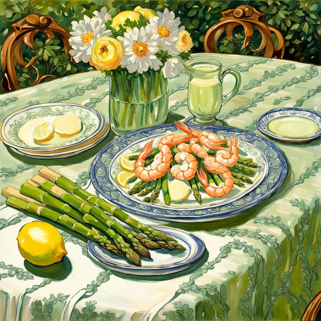 Asparagus Dish with Eggs and Shrimp, Neo-Impressionist Style