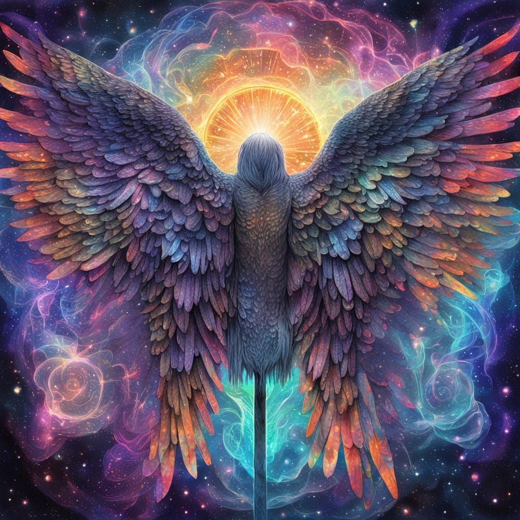 Holographic Angel Wings in Astral Cosmic Illustration