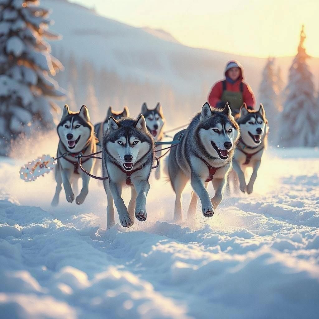 Hyperrealistic Huskies Pulling Sled Across Snowy Field