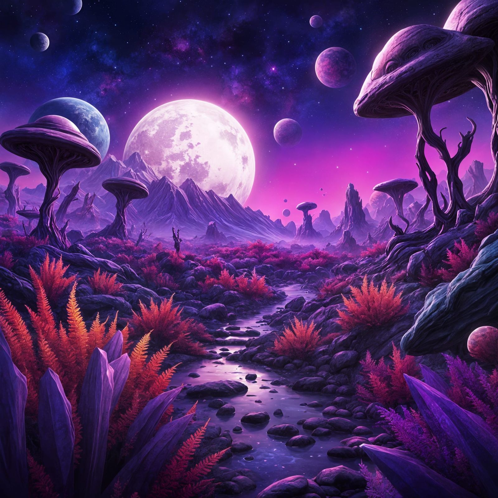 Hyperrealistic Alien Planet Night Sky with Purple Plants