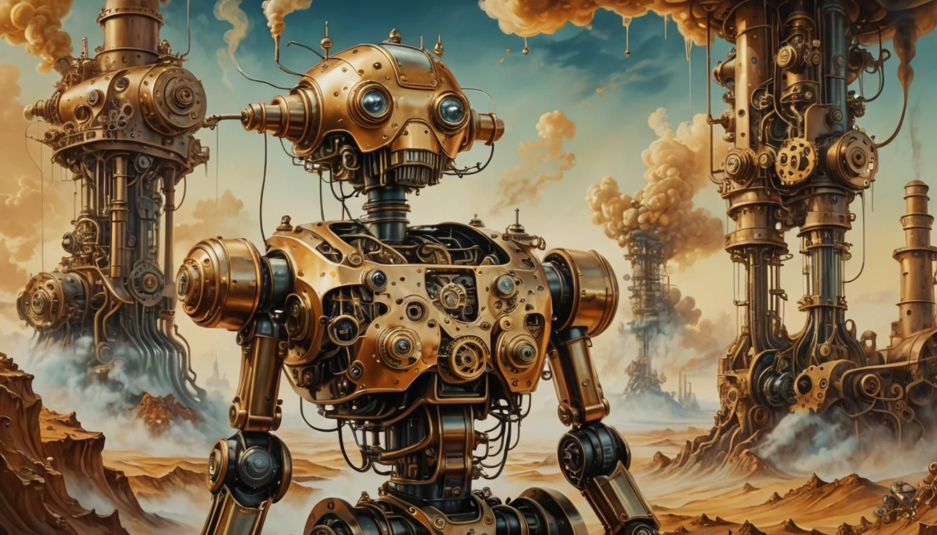 Surreal Steam-Powered Robot in Dreamlike Landscape