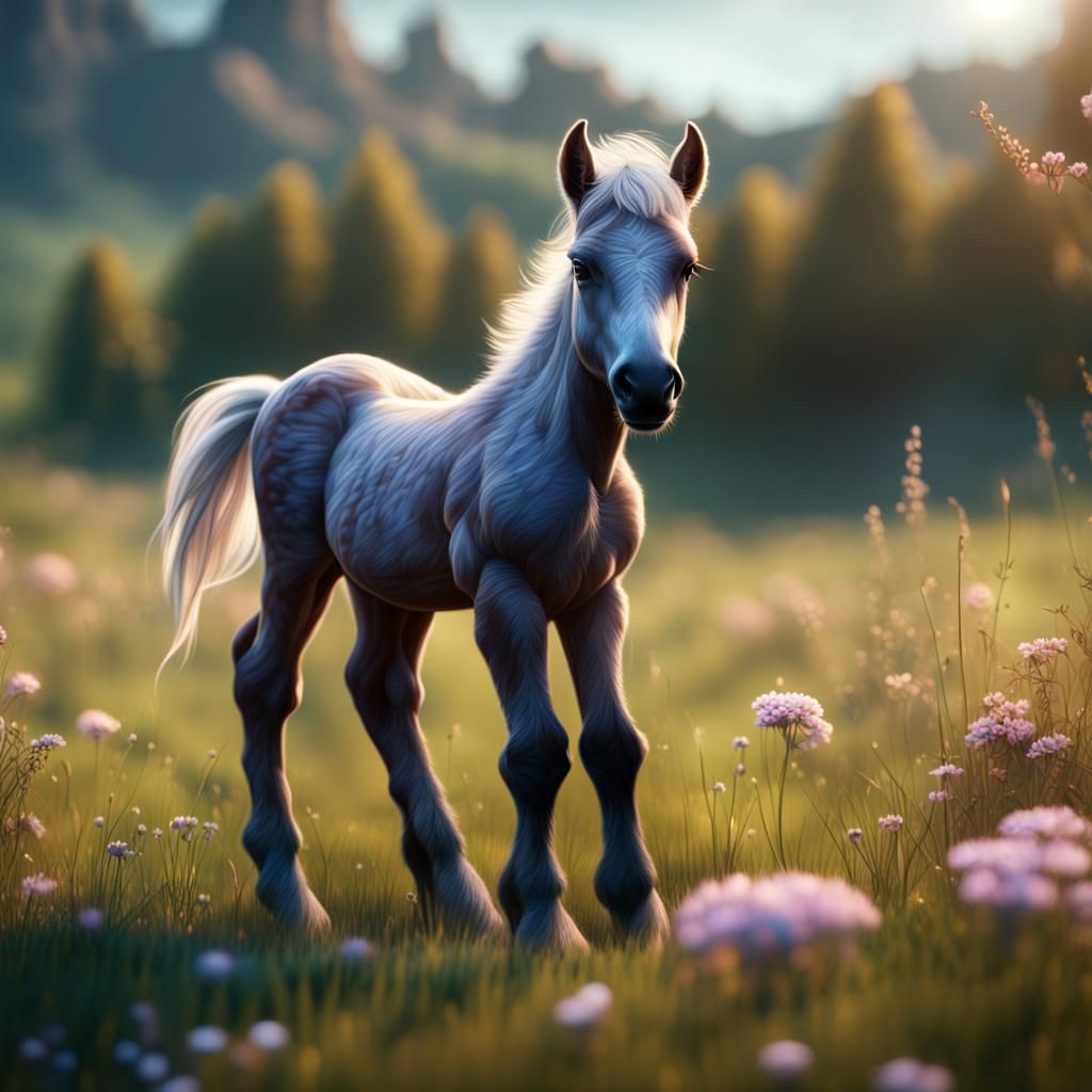 Cute Foal in Meadow: Detailed Matte Painting