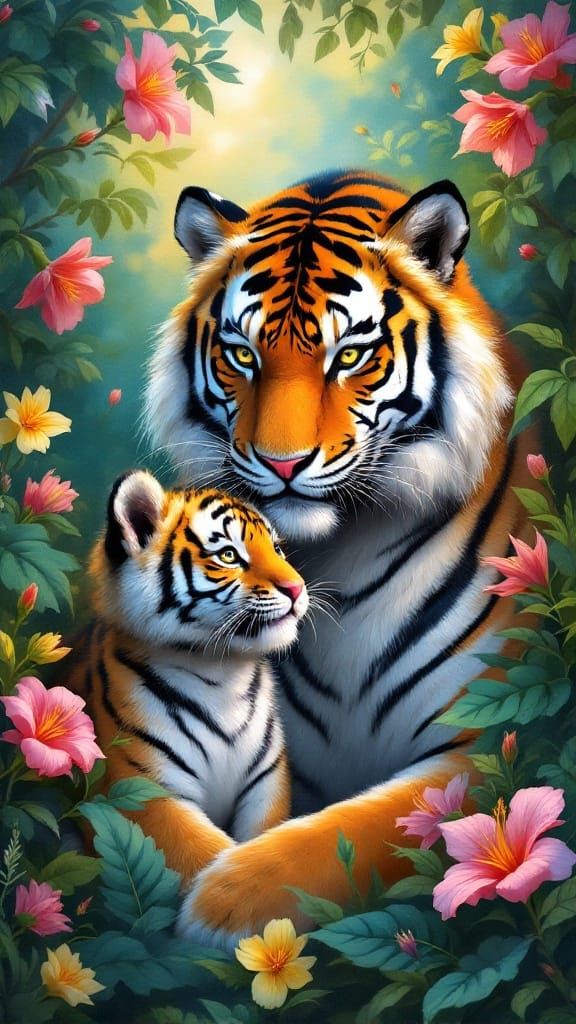 Majestic Tiger Mother and Cub in Whimsical Sunset Scene