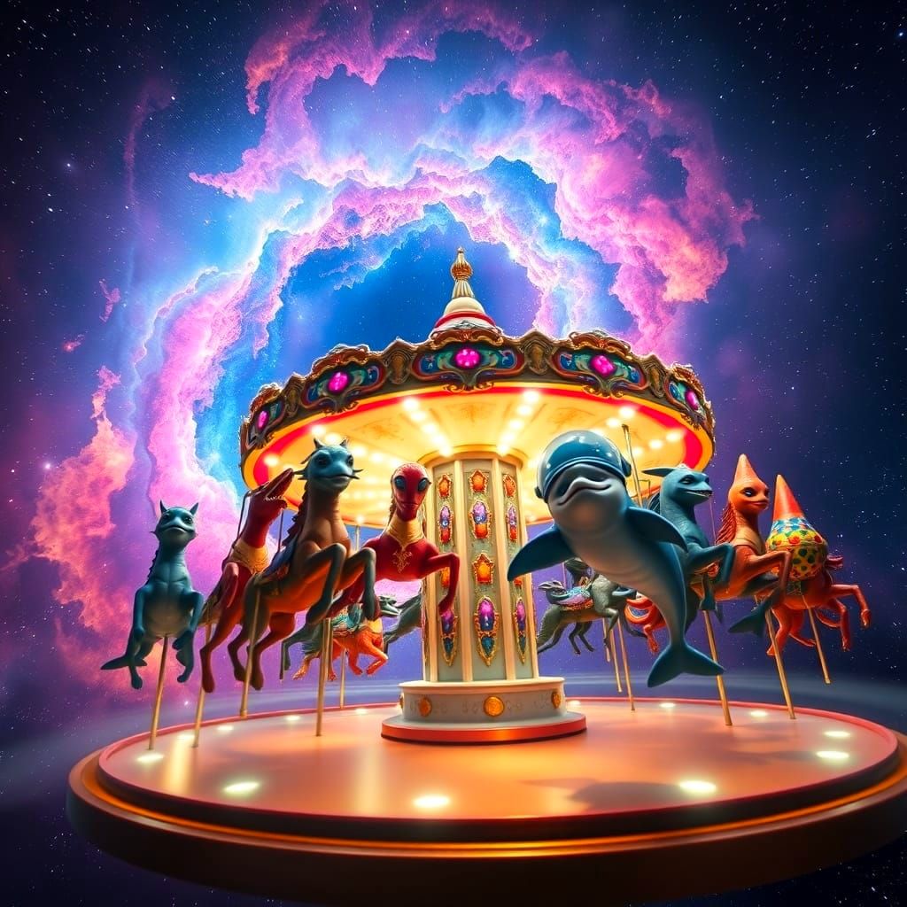 Cosmic Carousel with Alien Species and Nebula