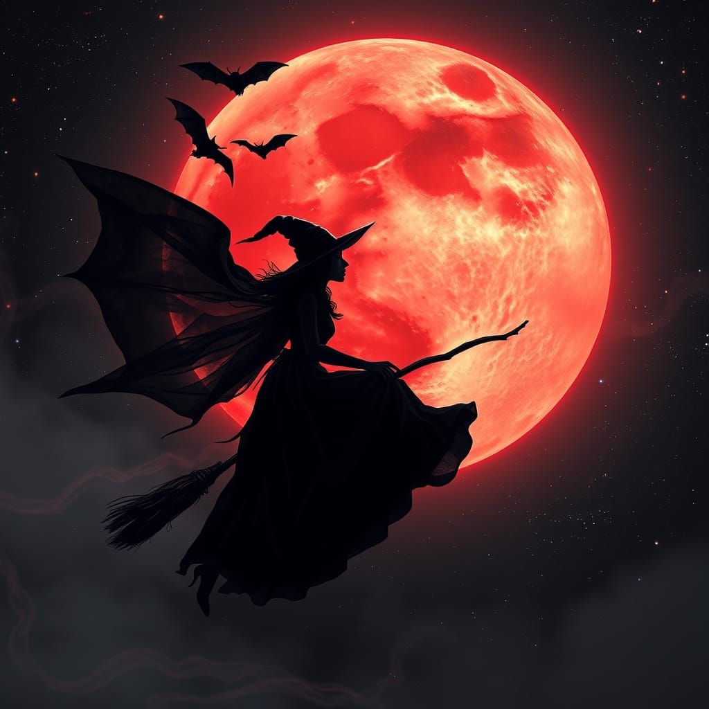 Dark Silhouette of a Witch Riding a Broomstick Under a Blood...