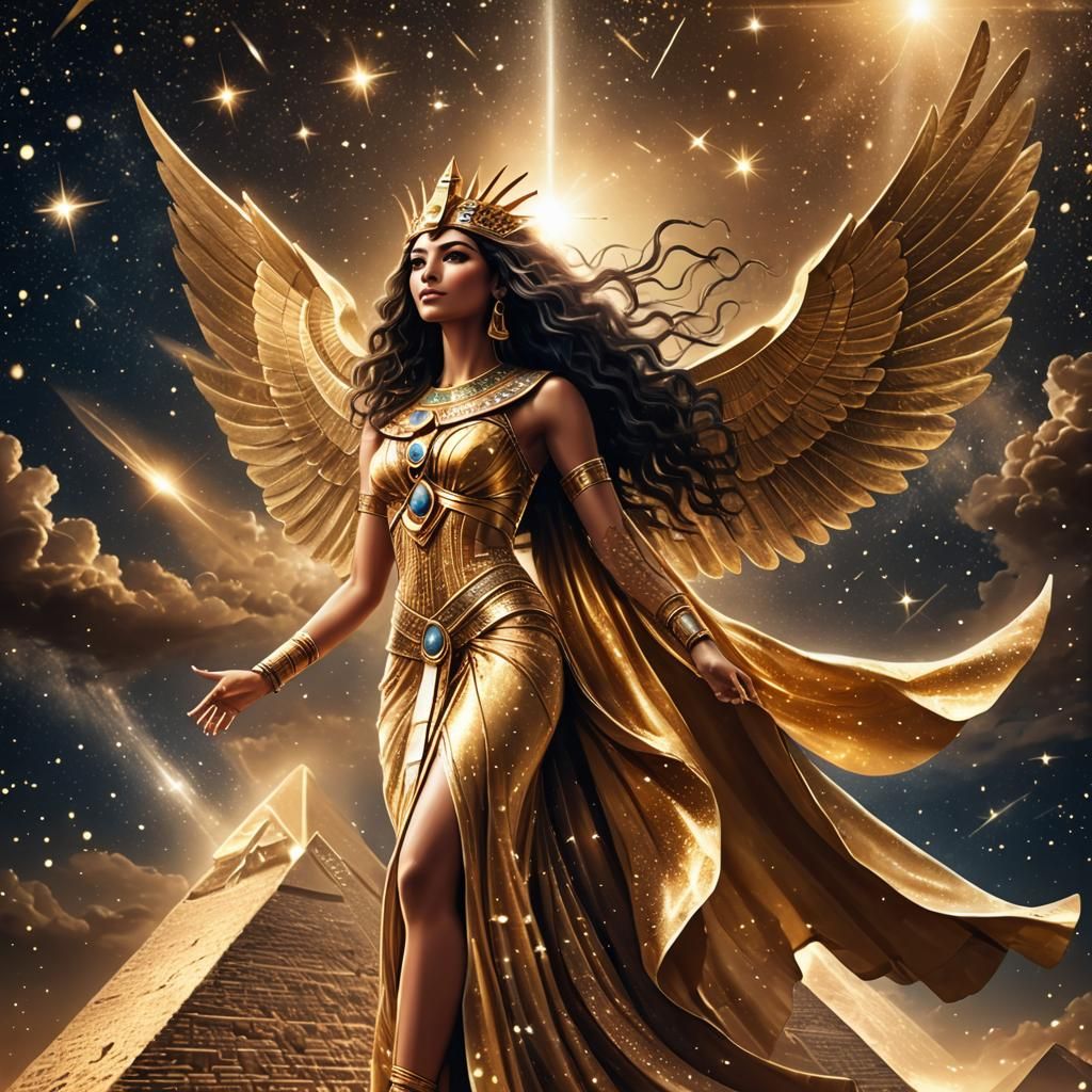 Egyptian Winged Goddess Flying Over Golden Pyramid