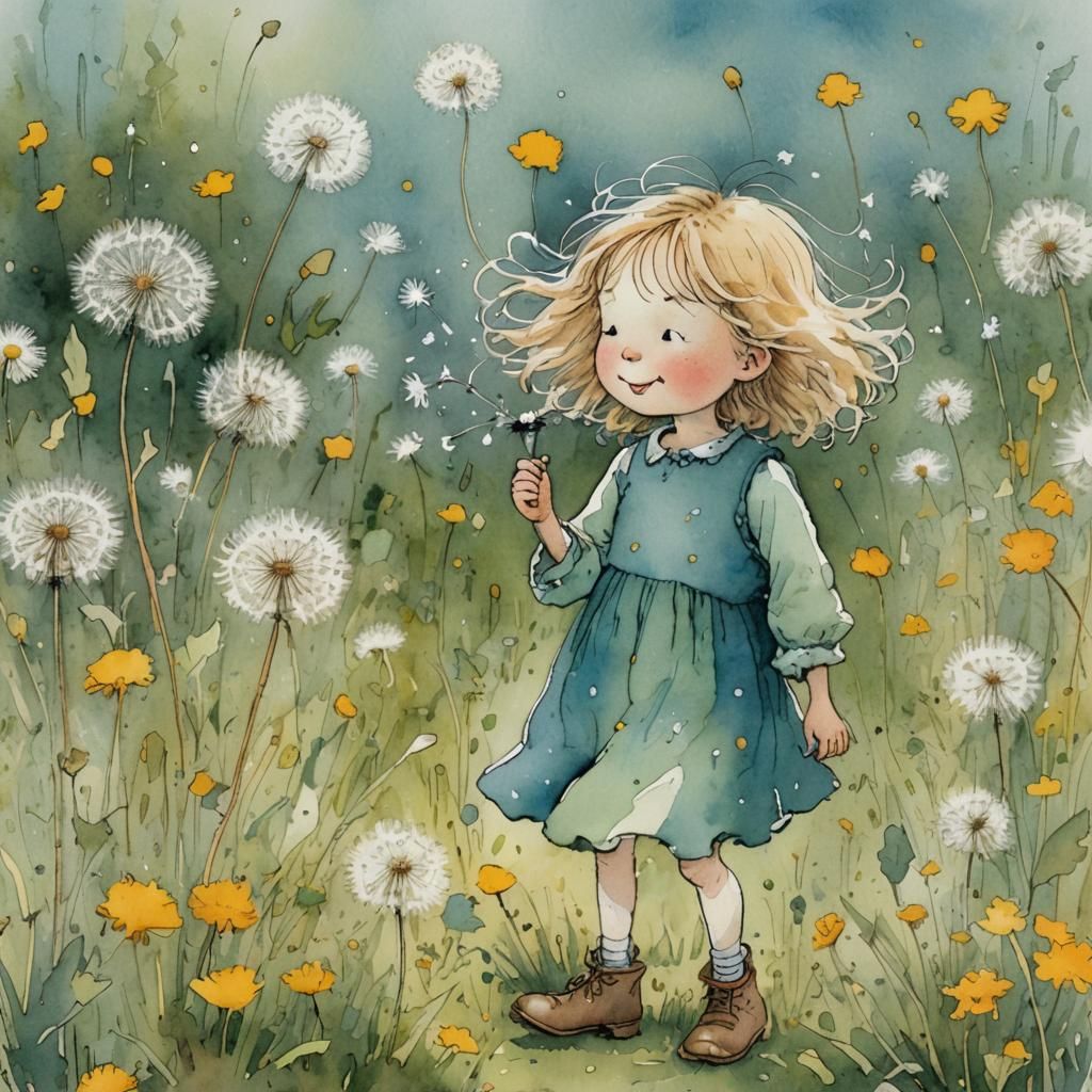 Girl with Dandelion Seeds: Whimsical Watercolor Illustration