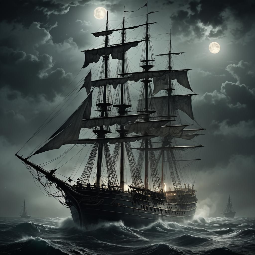 Eerie Ghost Ship Mary Celeste in Ominous Moonlight