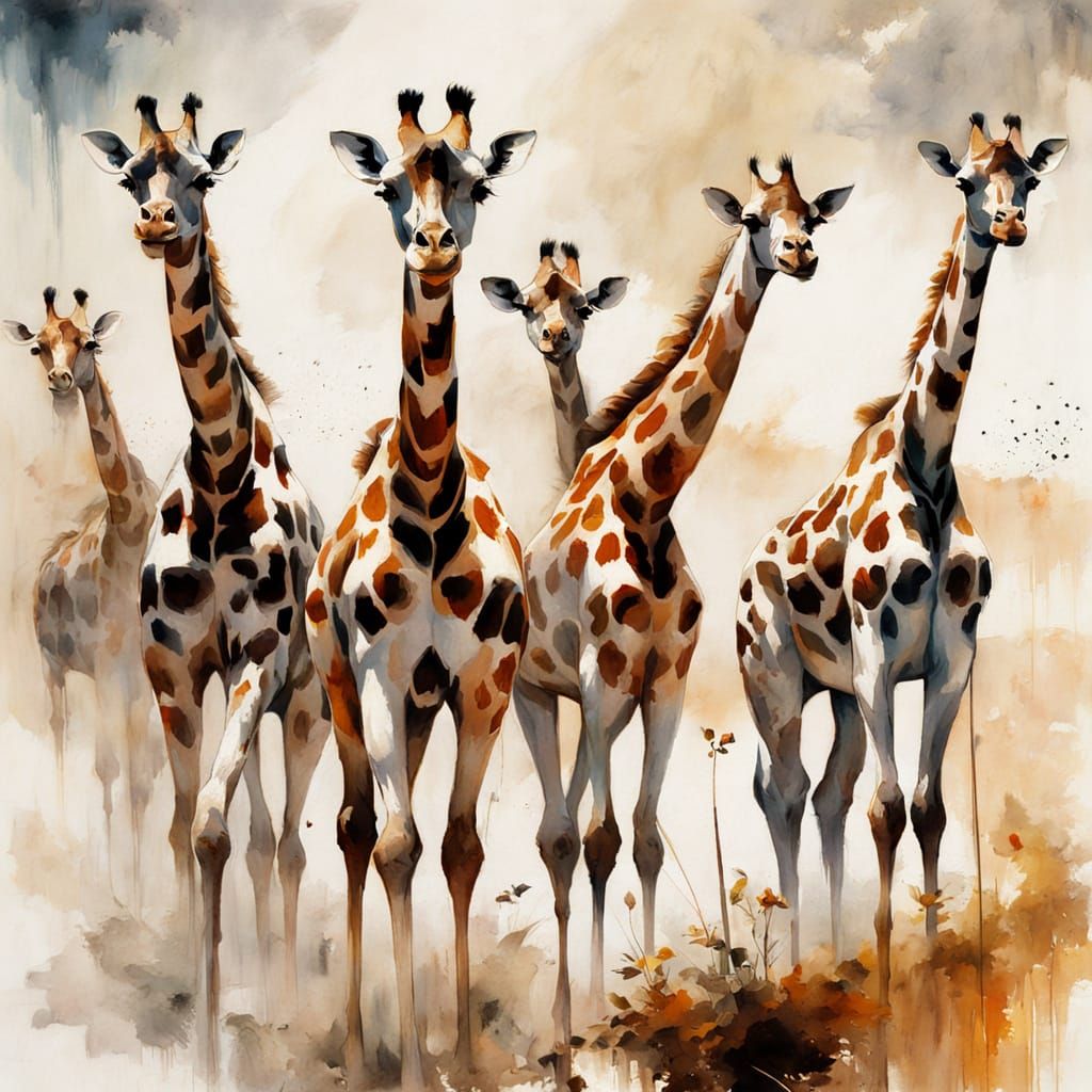 Giraffes Running Across African Plains in Detailed Style