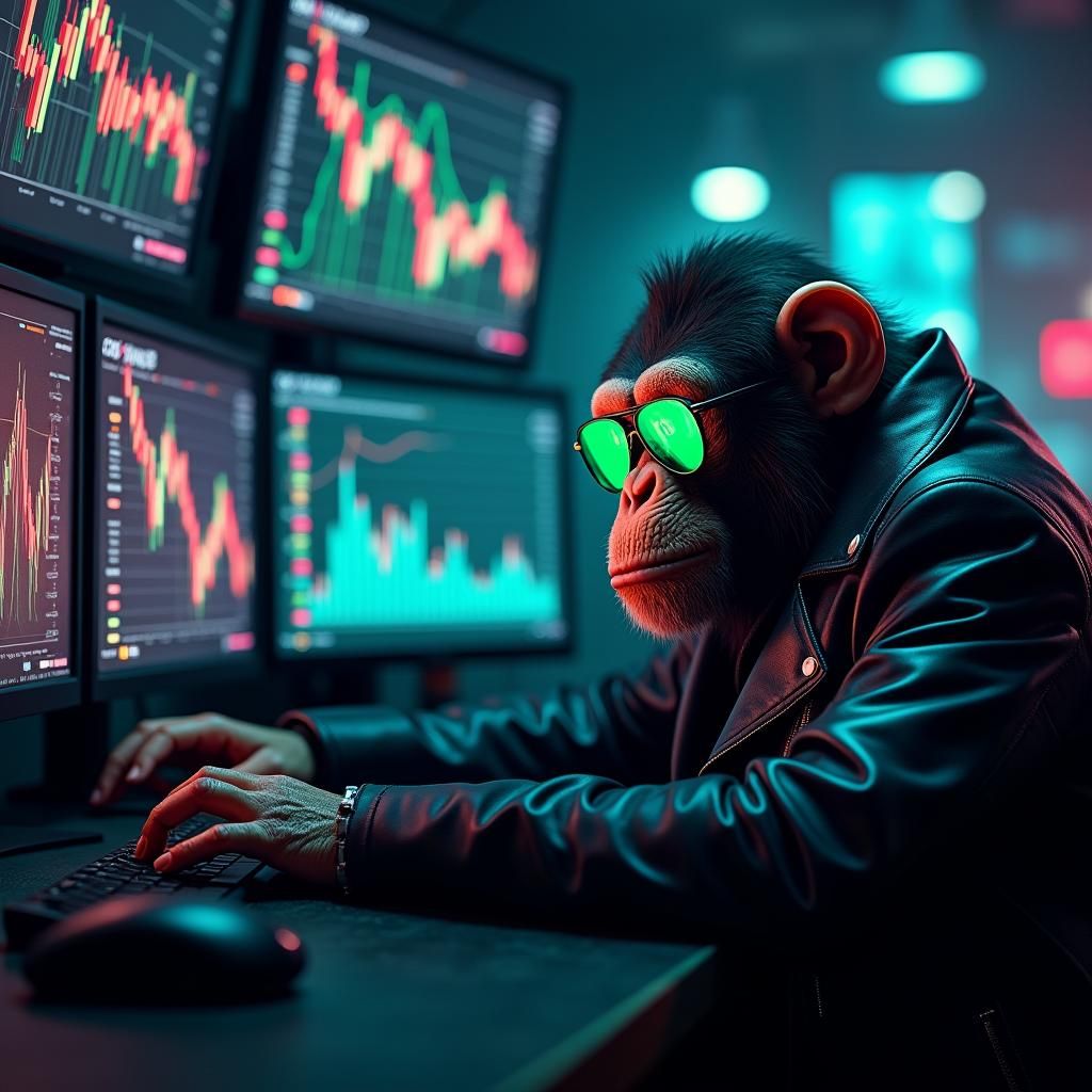 Cyberpunk Ape Crypto Trader in Futuristic Setting