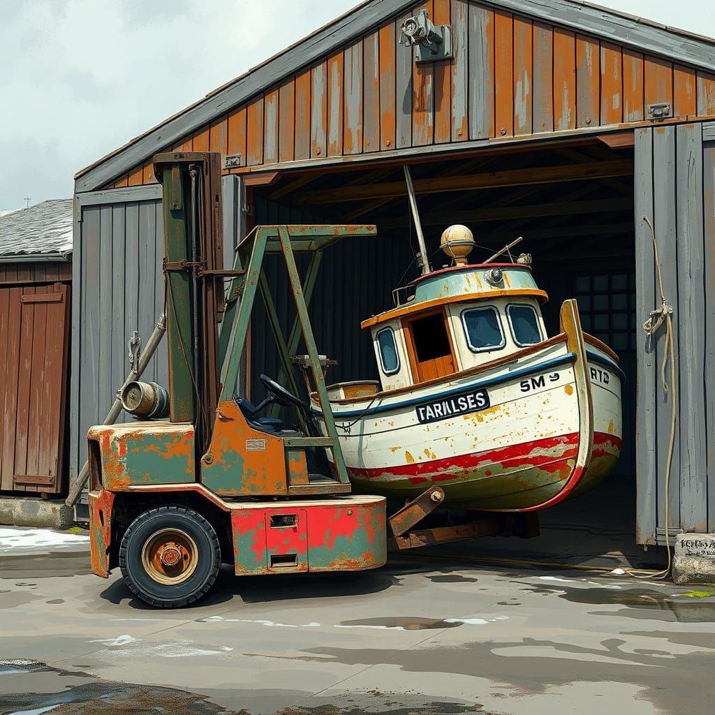 Old forklift carrying out badgecraft 5m crabbing boat from s...