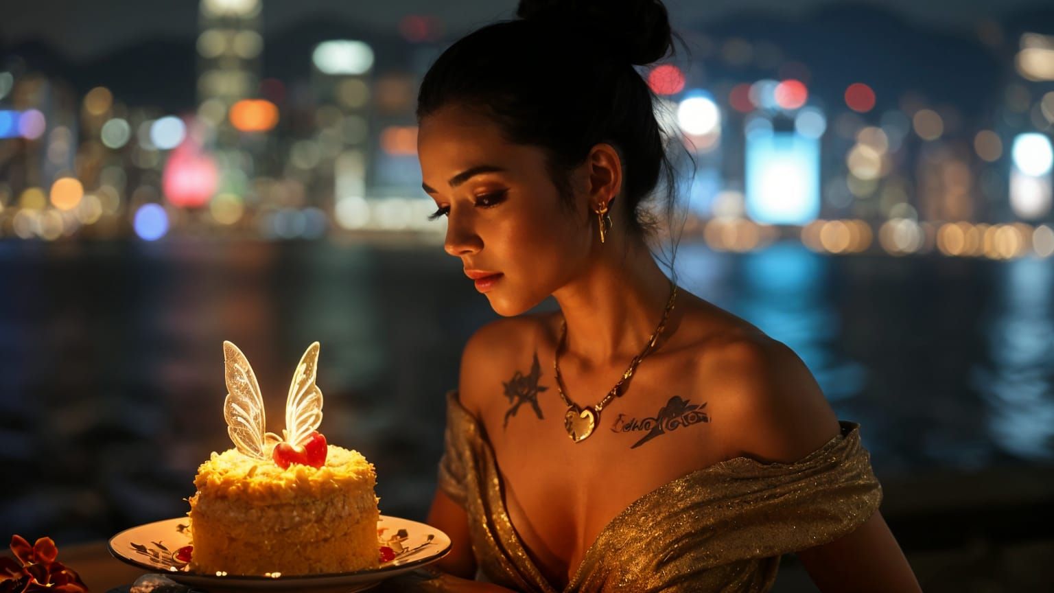 Woman in Gold Gown Over Victoria Harbour at Night
