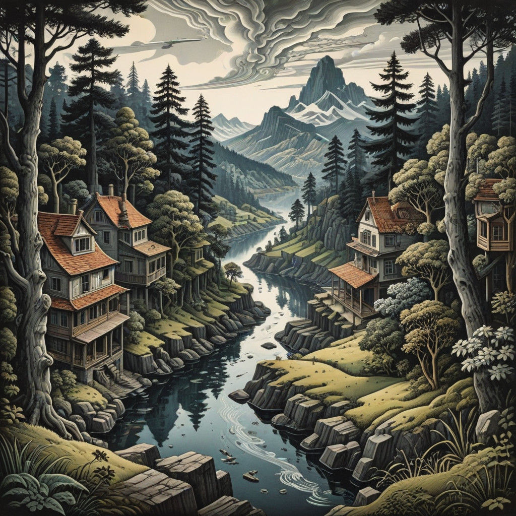 Distorted Landscape in M.C. Escher Style