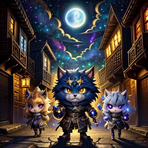 Chibi Monster Adventurers in Fantasy Village, Ink Art