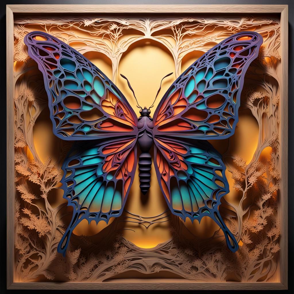 Paper cut light box of a web butterfly, 4k high resolution, intricate detail, vibrant colors,