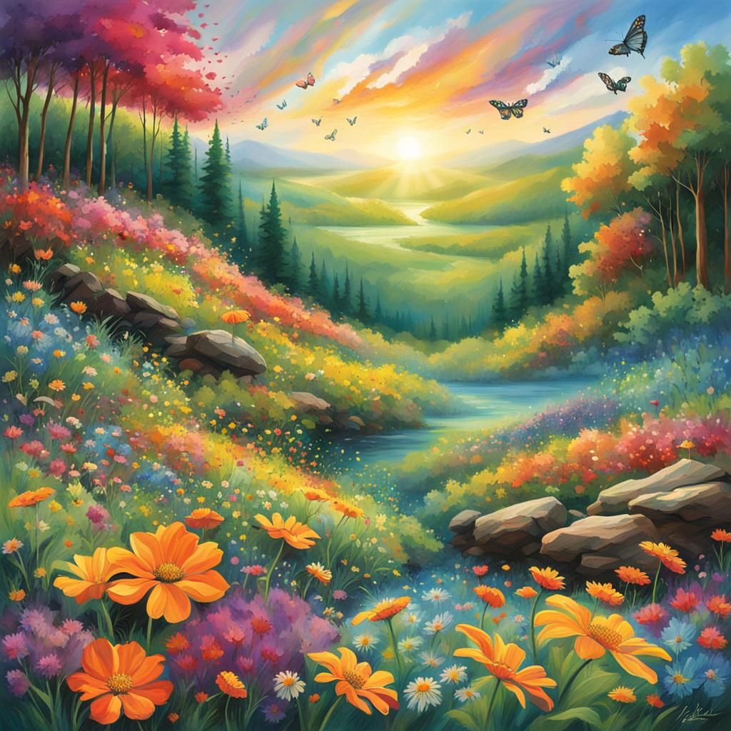 Vibrant Wildflower Fields in Sunlit Forest Illustration