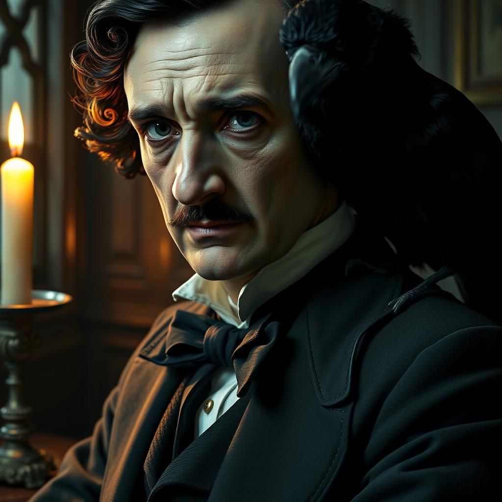 Eerie Portrait with Raven in Dark Whimsical Style
