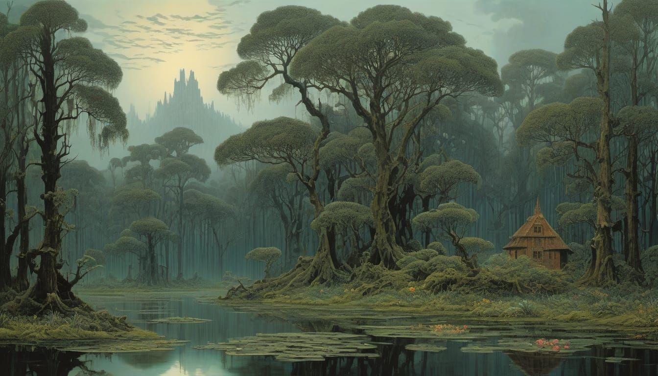 Surreal Floral Swamp Hacienda in Abstract Style