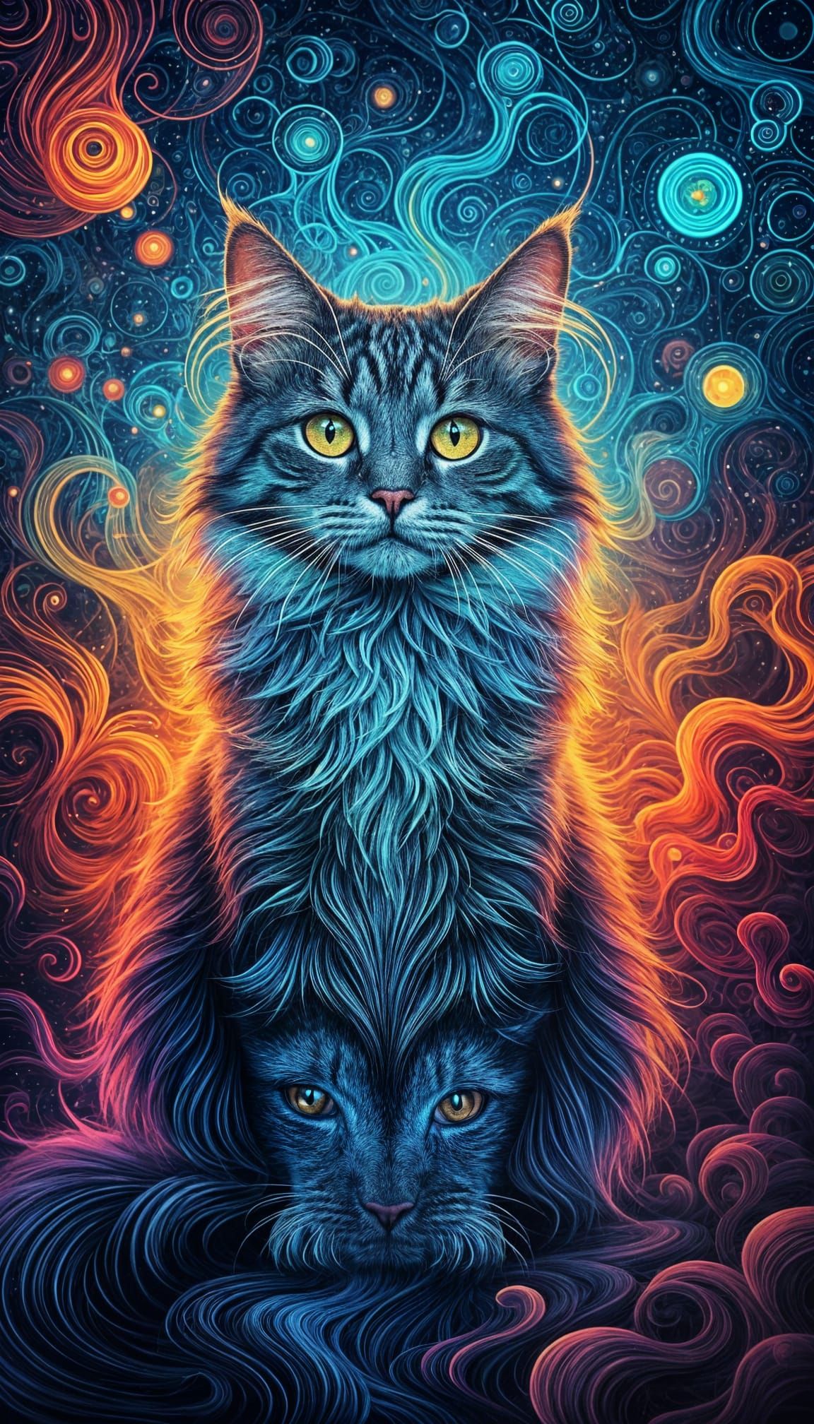 Psychedelic Cat with Swirling Fractal Patterns