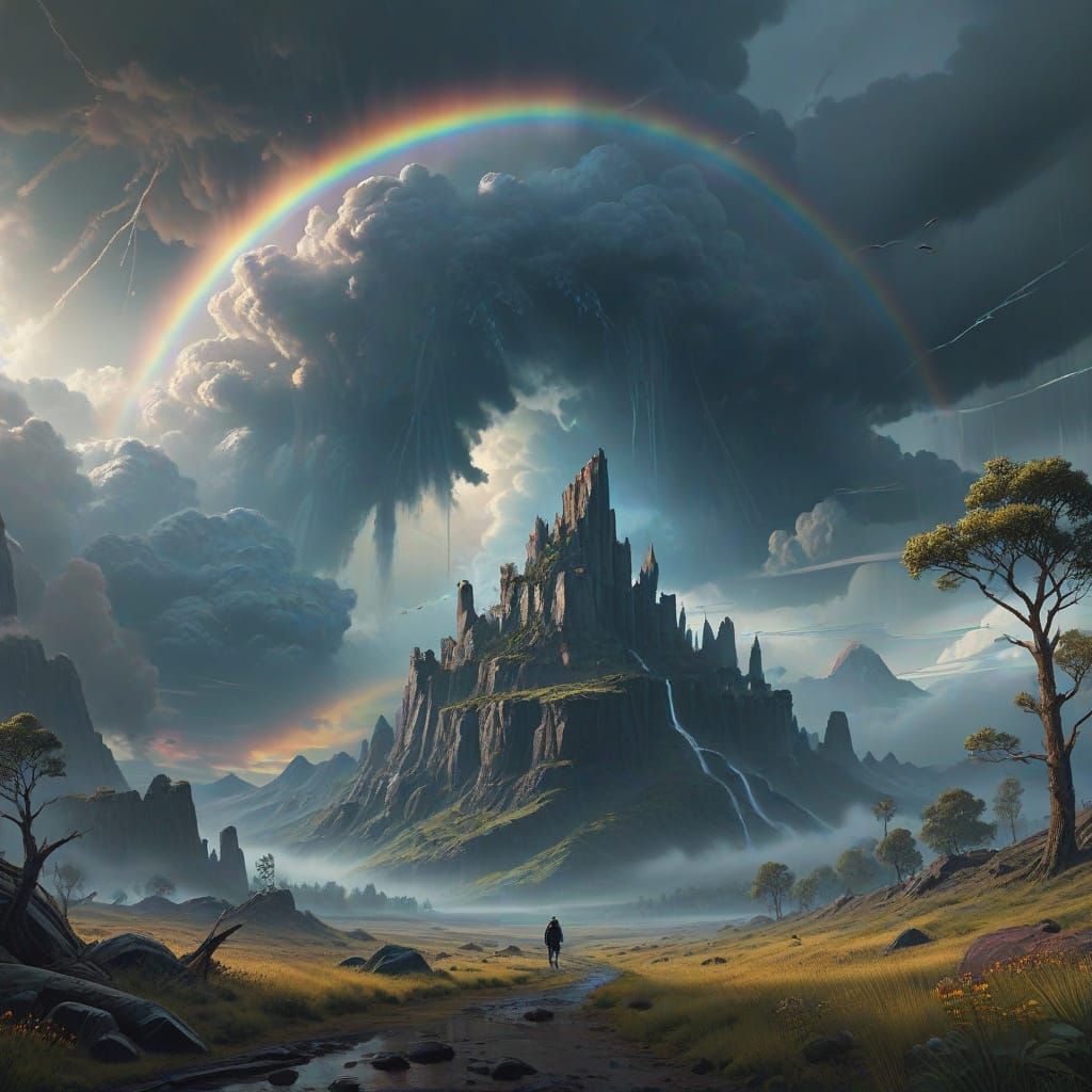 Ethereal Rainbow Landscape in Realistic Style