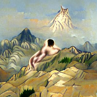 Nude Figure Contemplates Distant Mountains