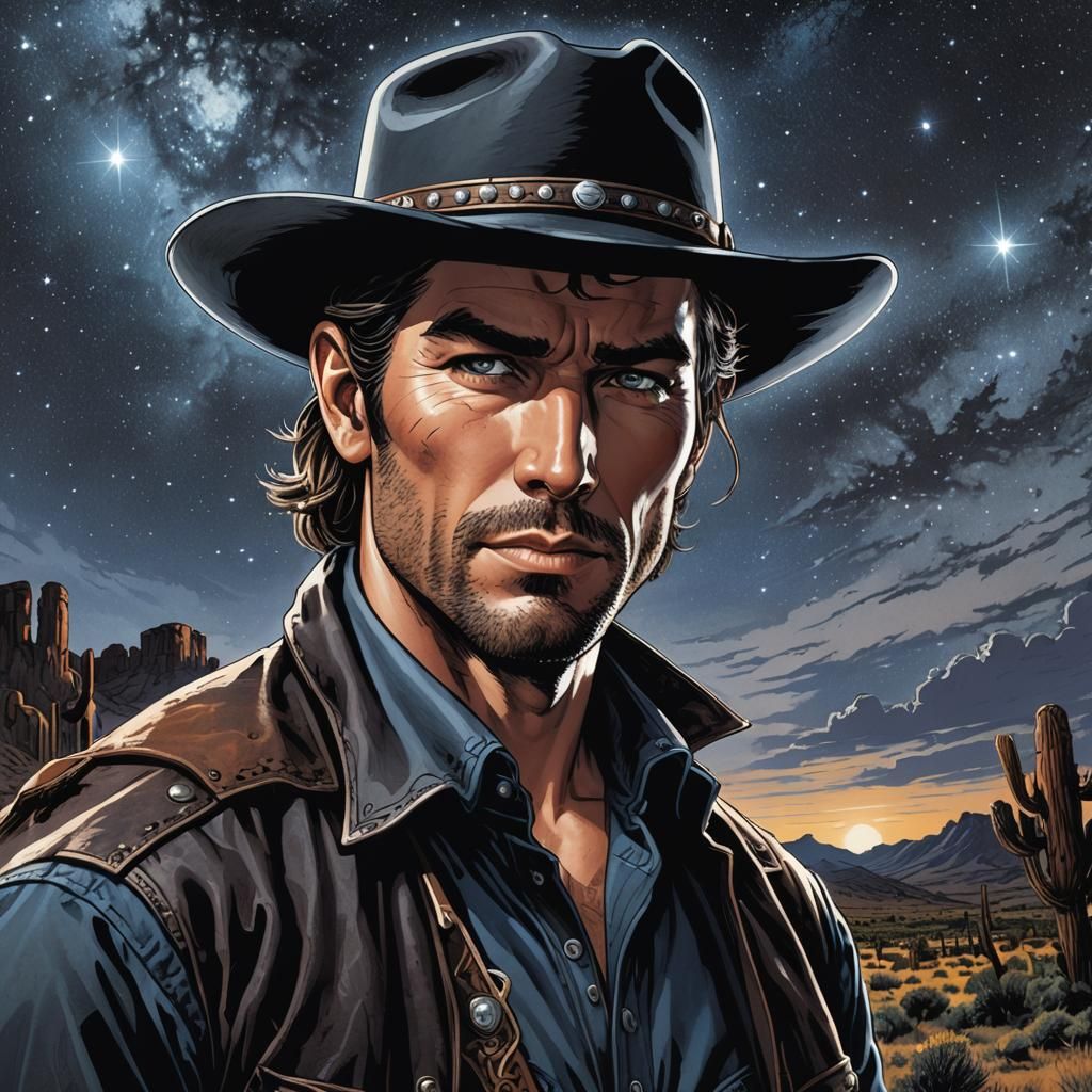 Attractive Cowboy Outlaw Under Starry Sky