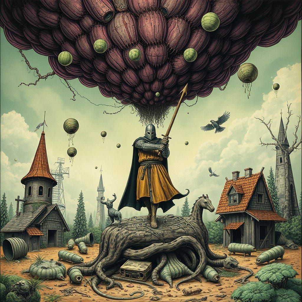 Cyberpunk Knight Explores Surreal Pickle Realm