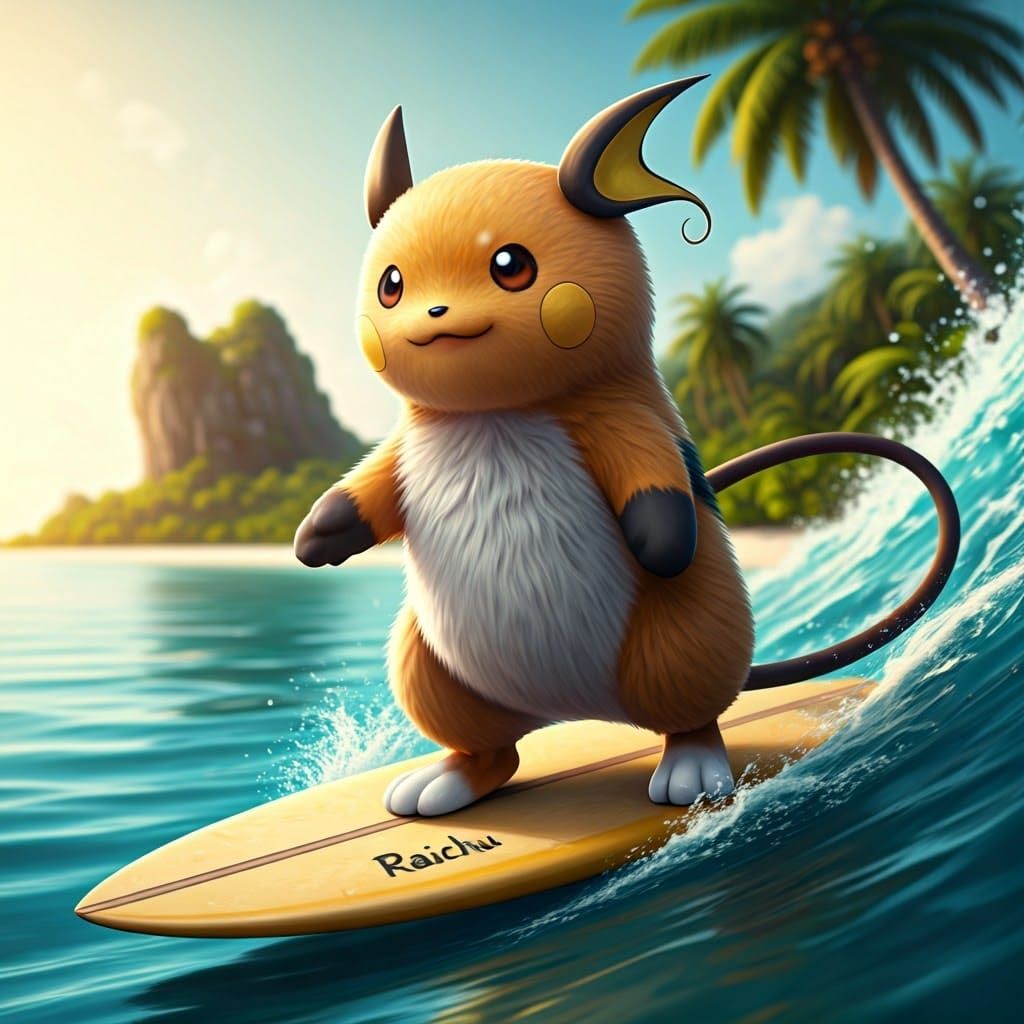Surreal Raichu Rides the Wave in Tropical Paradise