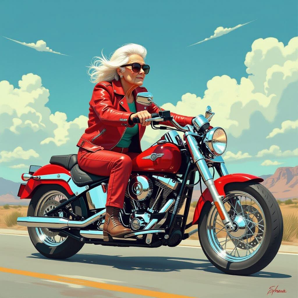 Biker Granny in Red Leather, Futuristic Pop Art
