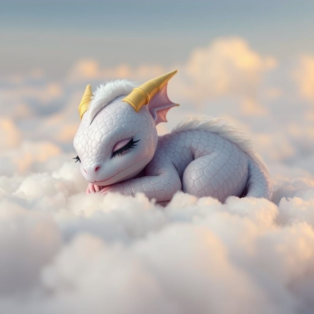 Sleeping Lavender Dragon on Clouds: Hyperrealistic Dreamscap...