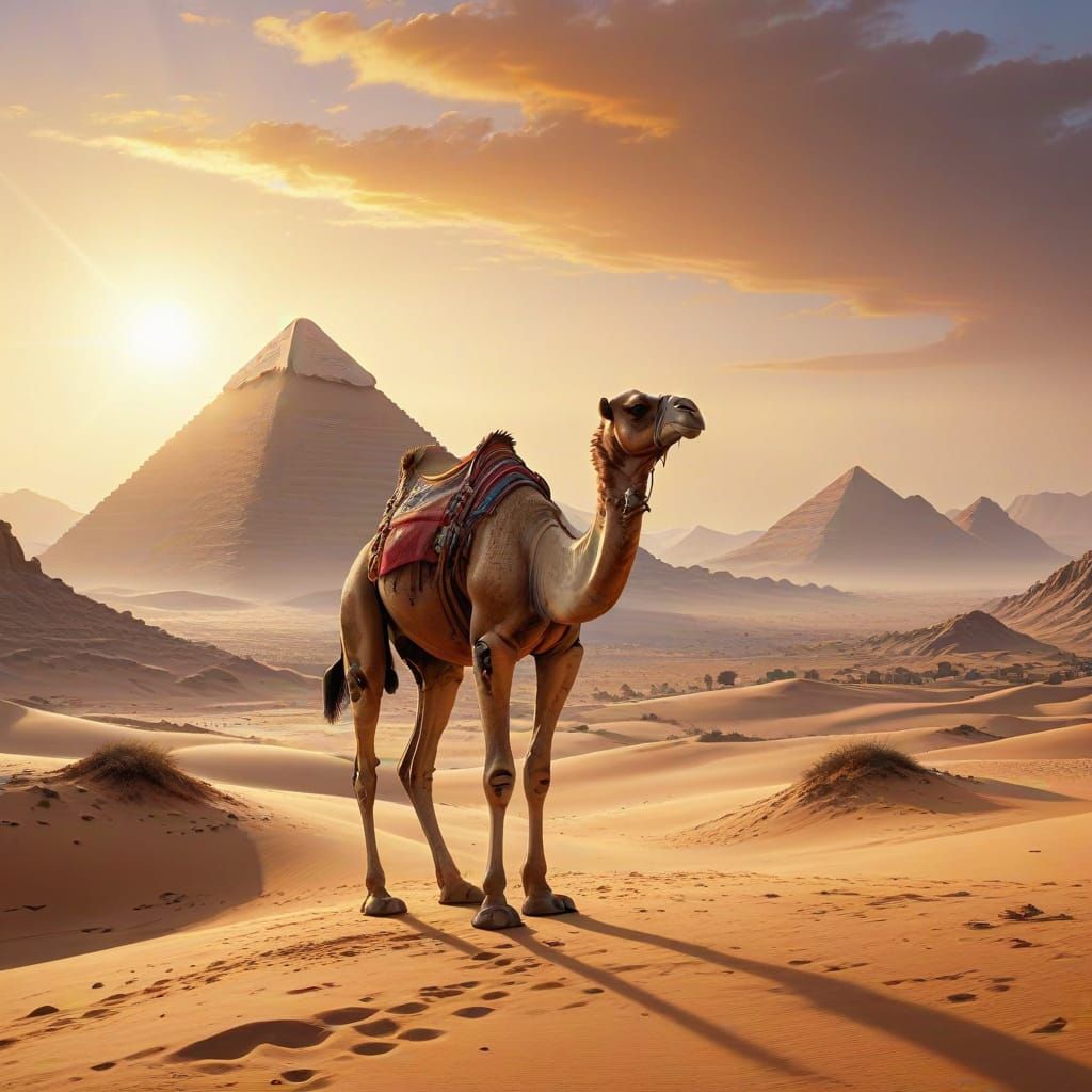 Semi-Realistic Cartoon Camel in Vibrant Desert Landscape