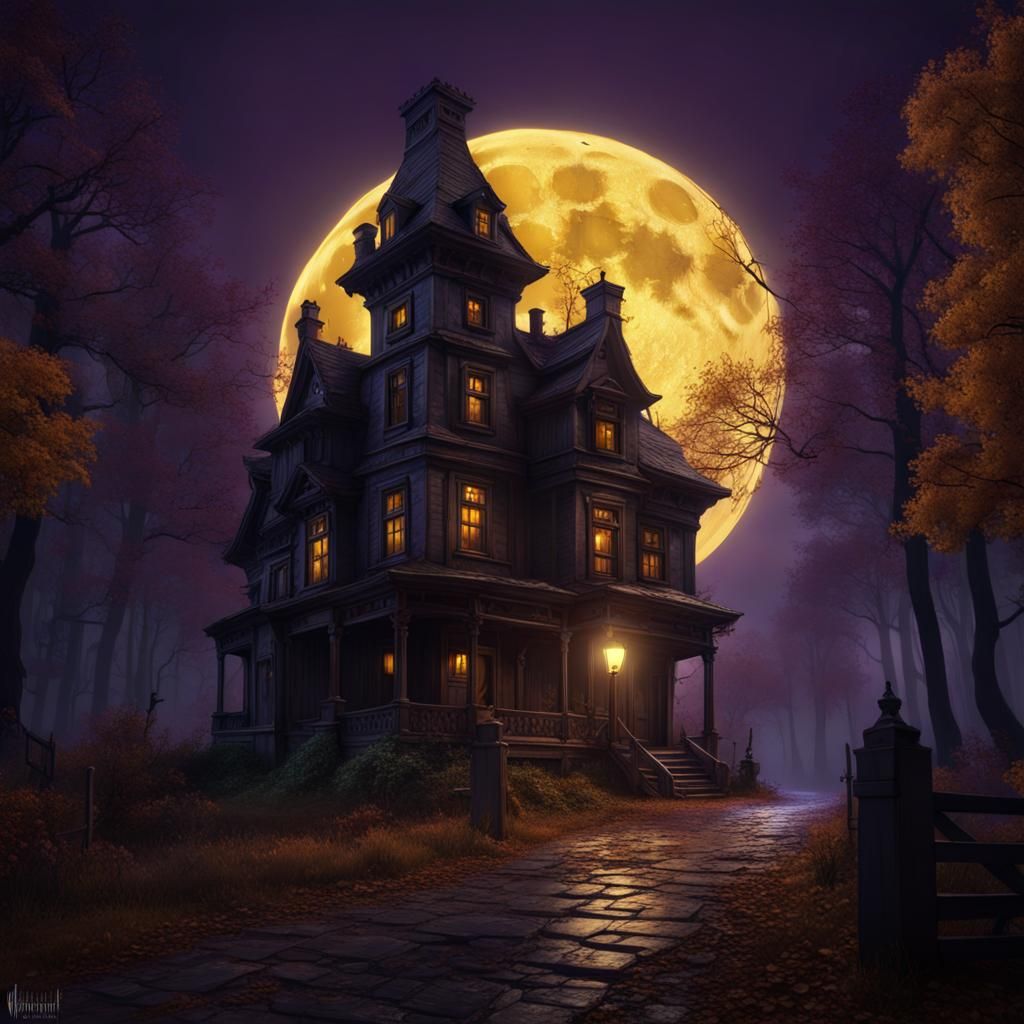 Haunted House Beneath Harvest Moon: Dark Fantasy Art