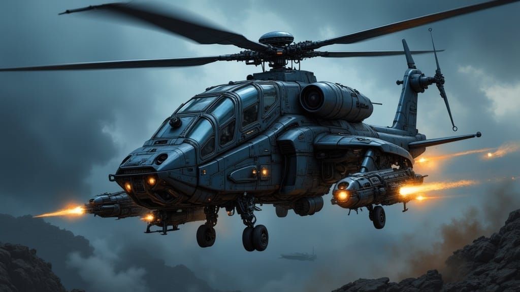 Cyberpunk Air Force Attack Helicopter in Dark Blues and Grey...