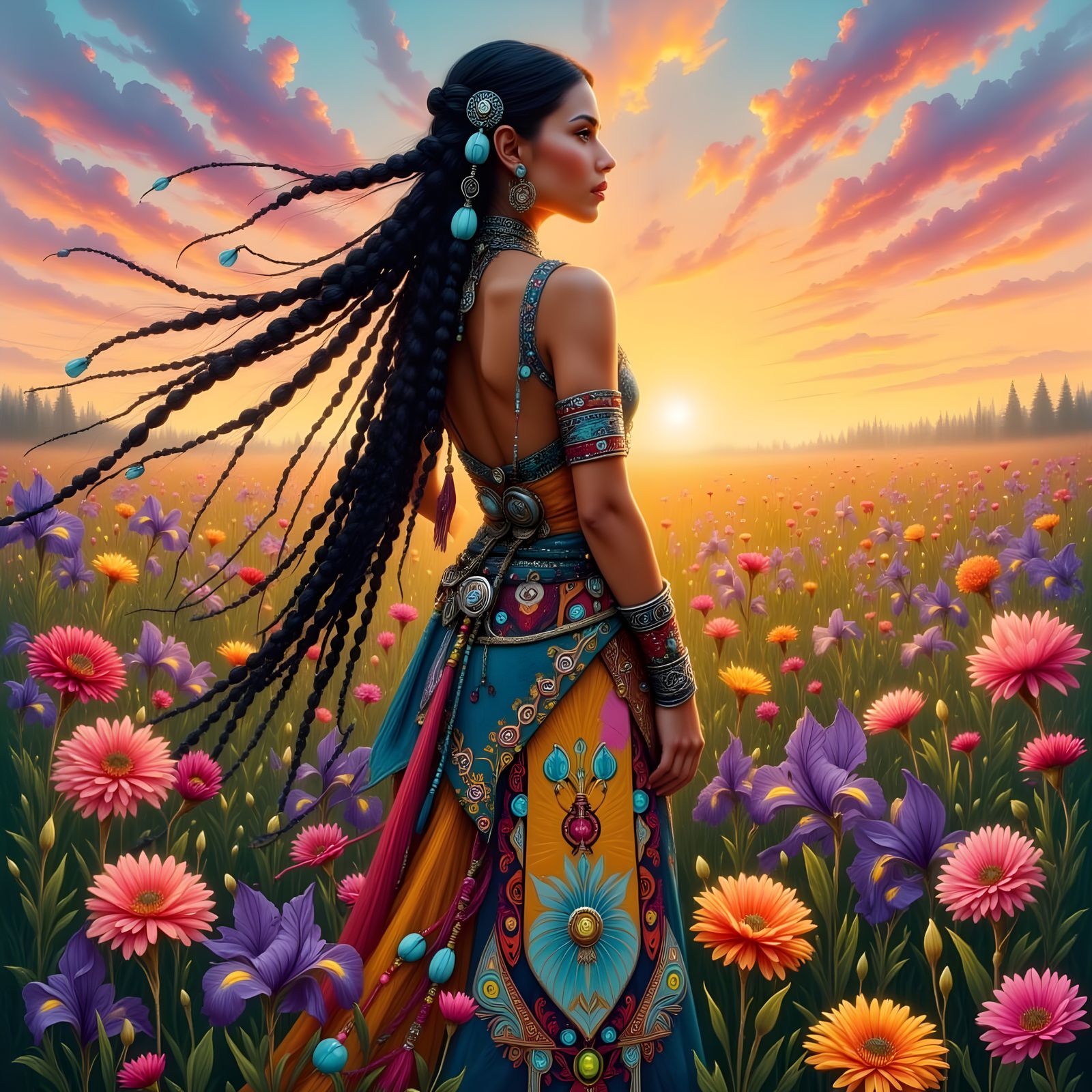 Native American Woman in Flower Field at Sunset