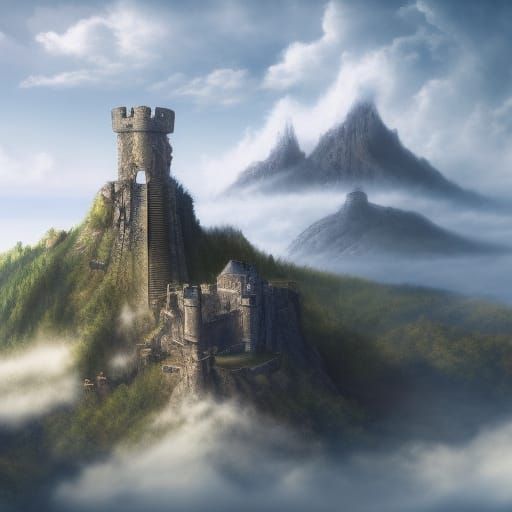 Castle Ruin Above Clouds with Aztec Engravings