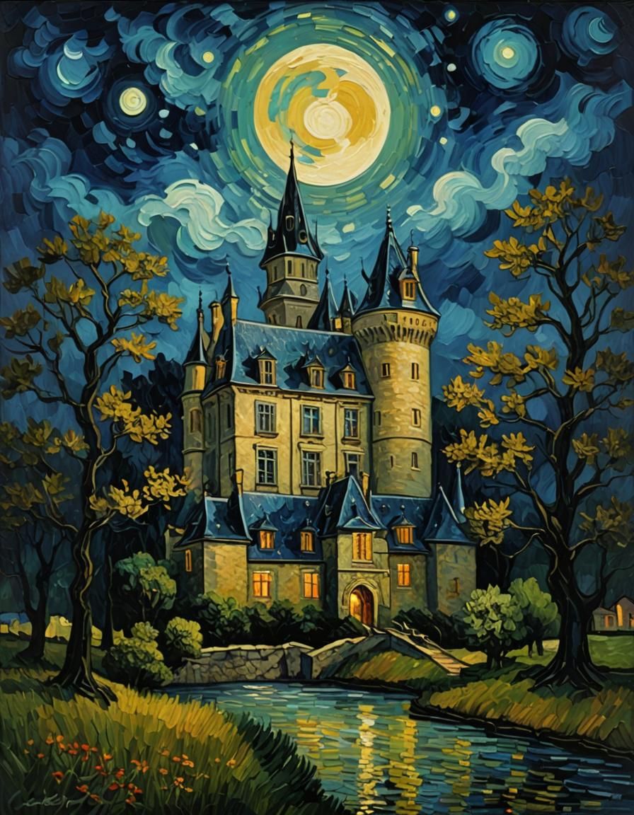 Moonlit Chateau Night as Impasto Painting