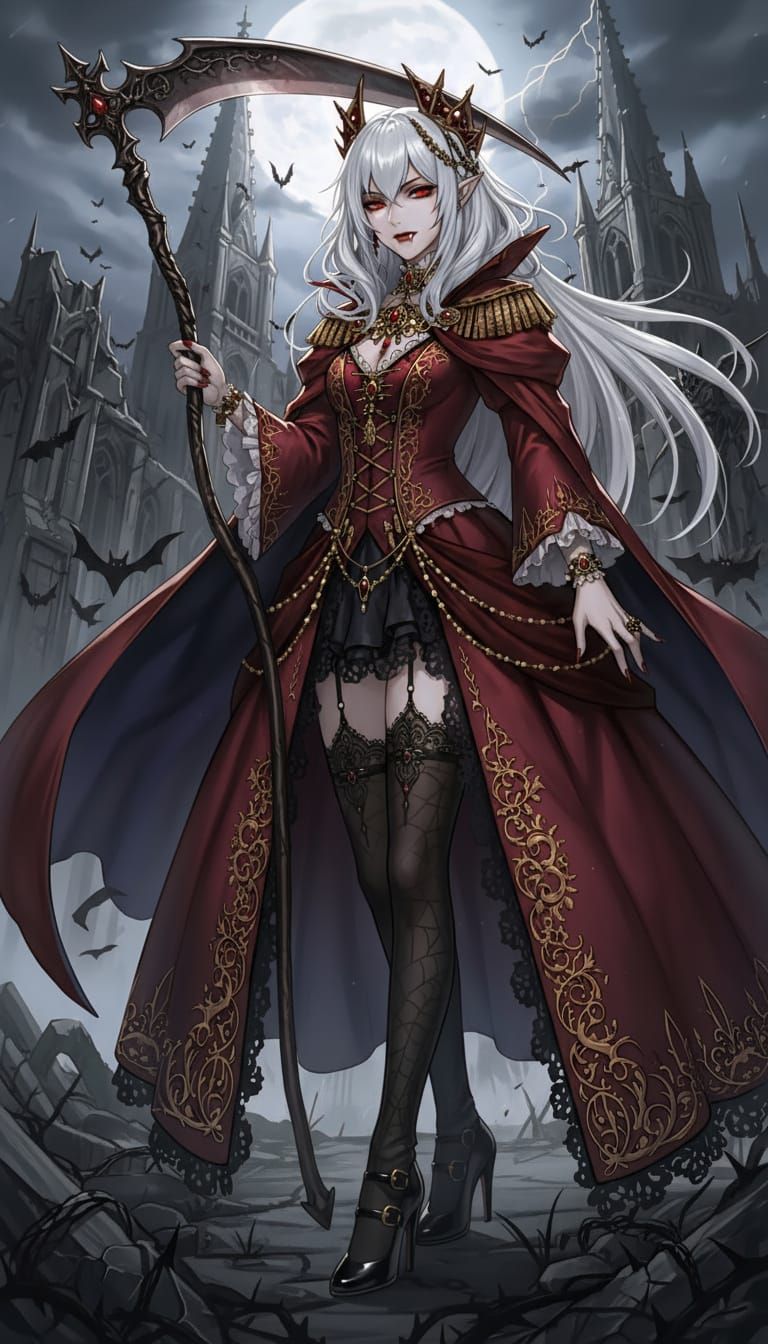 Anime Vampire with Scythe in Gothic Royal Dress